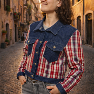 Blouson court en kelsch rouge et bleu avec du jean bleu foncé