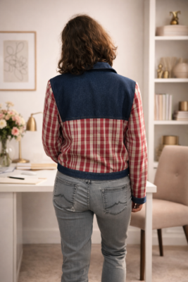 blouson en kelsch rouge avec jean bleu foncé