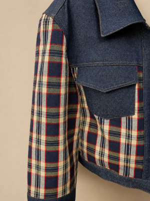 blouson pour femme en kelsch bleu et rouge avec empiècements jean bleu foncé