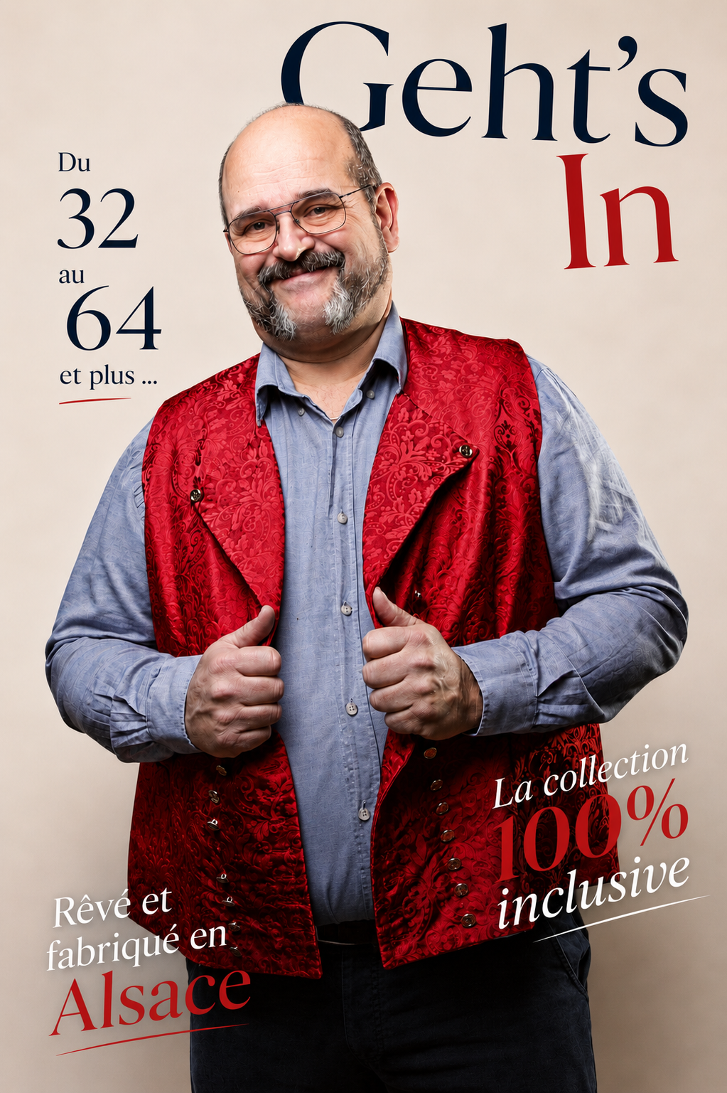 Gilet alsacien moderne en tissu damassé rouge fabriqué en Alsace.