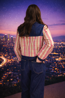 blouson coupe courte en kelsch rose et vert avec empiècements de jean bleu foncé.