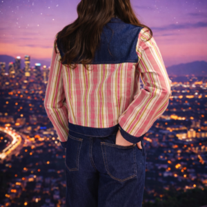 blouson coupe courte en kelsch rose et vert avec empiècements de jean bleu foncé.