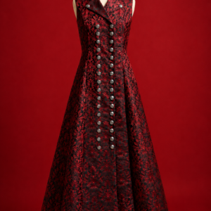 Robe Yseline en tissu damassé bordeaux et noir collection Geht's In Rêvée et fabriquée en Alsace